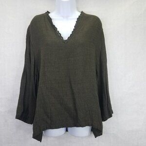 CP Shades Blouse Womens L Linen Shirt 3/4 Sleeve Dark Green Lace Trim V-Neck USA